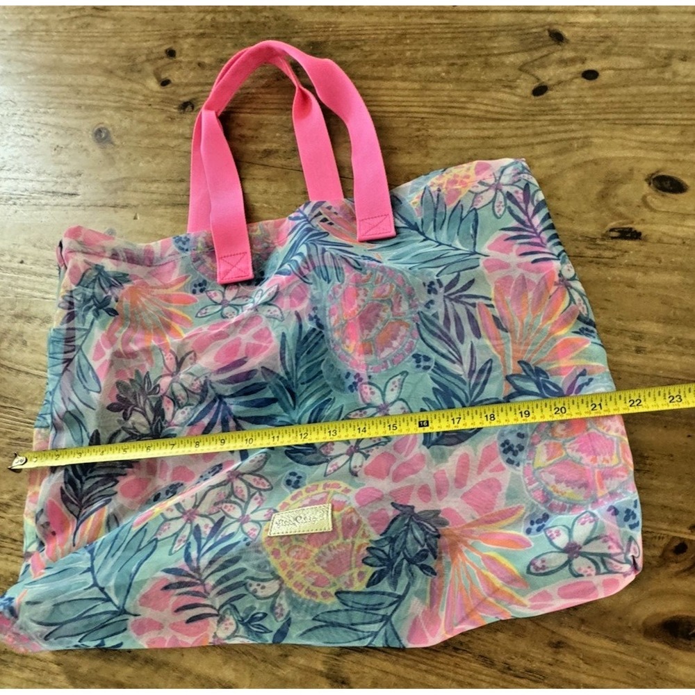 Lilly Pulitzer Mesh Beach Tote Bag Tropical Print Pink Handles Large Pool Travel - Picture 4 of 6